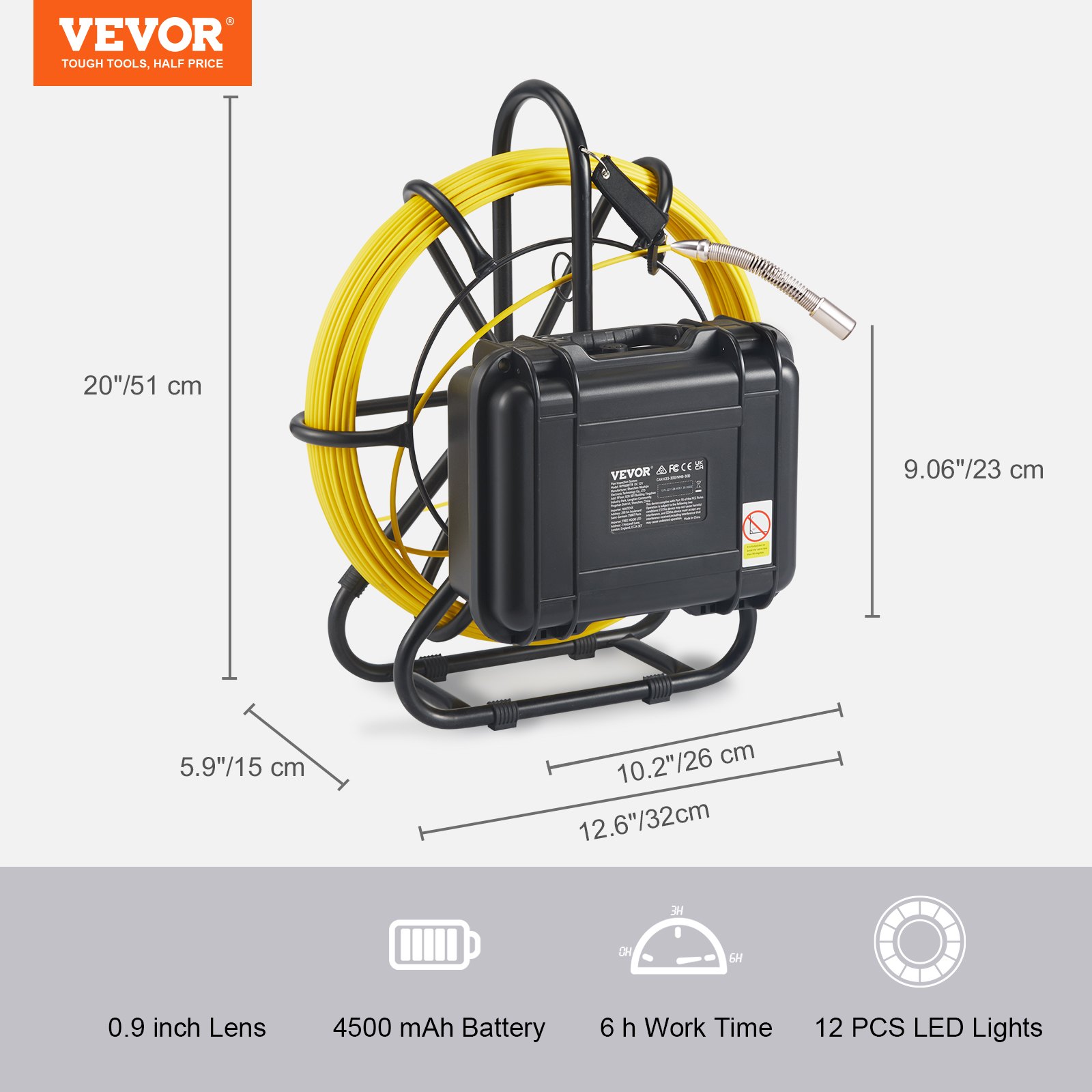 VEVOR Cámara Endoscópica de Drenaje Pantalla de 9" con IP68 Impermeable Batería de 4500 mAh 12 LED Ajustable Cable de 50m Tarjeta SD de 16GB para Tubería de Alcantarillado Drenaje de Plomería