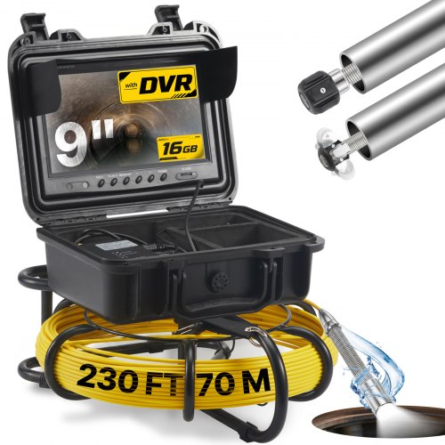 VEVOR Cámara Endoscópica de Drenaje Pantalla de 9" con IP68 Impermeable Batería de 4500 mAh 12 LED Ajustable Cable de 70m Tarjeta SD de 16GB para Tubería de Alcantarillado Drenaje de Plomería