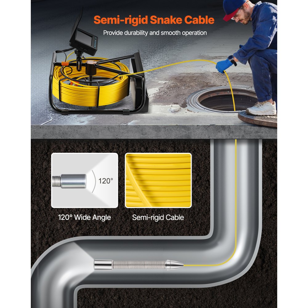 VEVOR Sewer Camera, 98 ft/30 m, 4.3-inch Drain Inspection Camera with Lighting – 6 Adjustable LEDs, 16 GB Card, 3x Zoom and 8500 mAh High-Performance Battery, IP68 Waterproof Plumbing Camera for Sewer Pipes