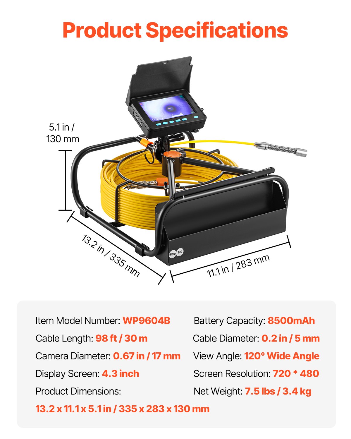 VEVOR Sewer Camera, 98 ft/30 m, 4.3-inch Drain Inspection Camera with Lighting – 6 Adjustable LEDs, 16 GB Card, 3x Zoom and 8500 mAh High-Performance Battery, IP68 Waterproof Plumbing Camera for Sewer Pipes