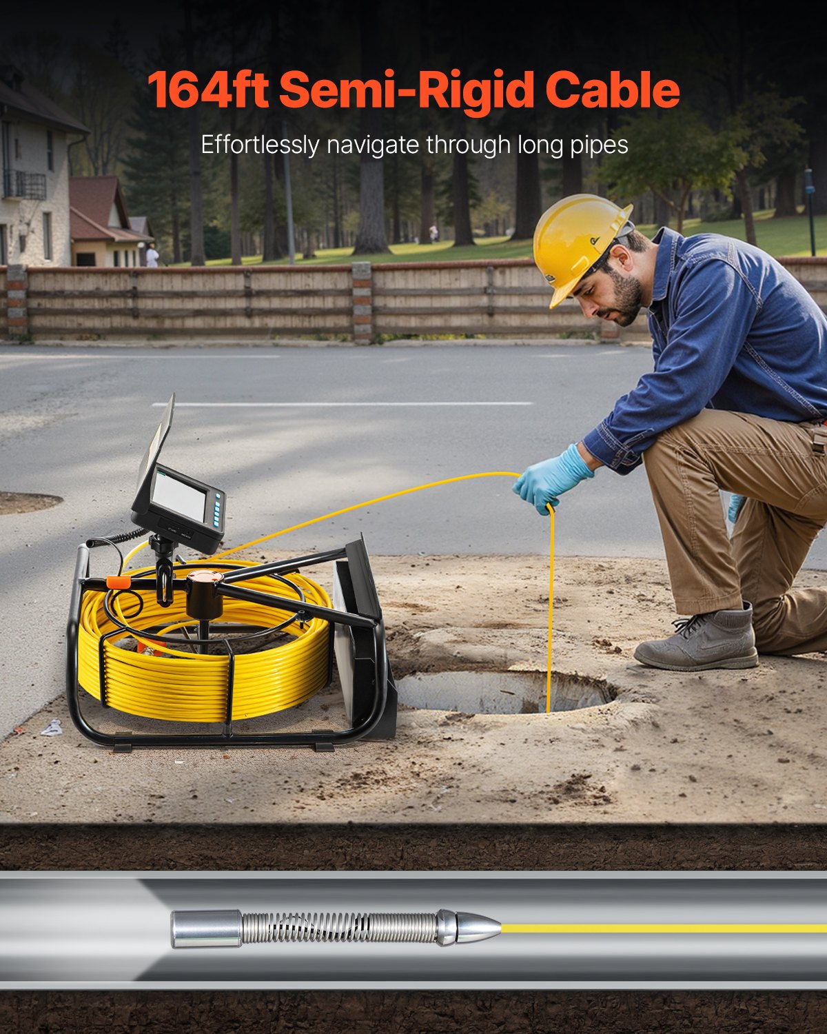 VEVOR Cámara de Alcantarillado, 50 m, Cámara de Inspección de Drenaje con Luces, 6 LED Ajustables, Tarjeta de 16 GB, Zoom 3X y Batería Recargable de Alta Capacidad de 8500 mAh, 335 x 283 x 130 mm