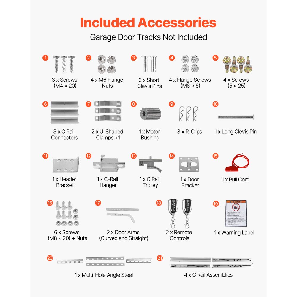 VEVOR Motor para Puerta Seccional de Garaje Fuerza 600 N Abridor de Puerta, Sistema de Transmisión por Cadena, Riel de 4 Secciones, 2 Interruptores de Control Remoto, Luz LED, Accesorios de Montaje