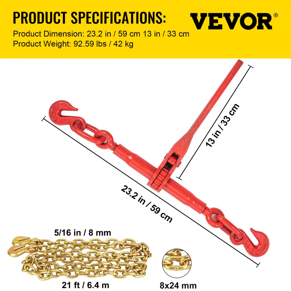 VEVOR 4 Piezas Dispositivo de sujeción de cadena 8 mm kit de amarre con trinquete con capacidad de carga de 3 T ganchos de sujeción de cadena longitud de 6,4 m G80 para transporte, remolque