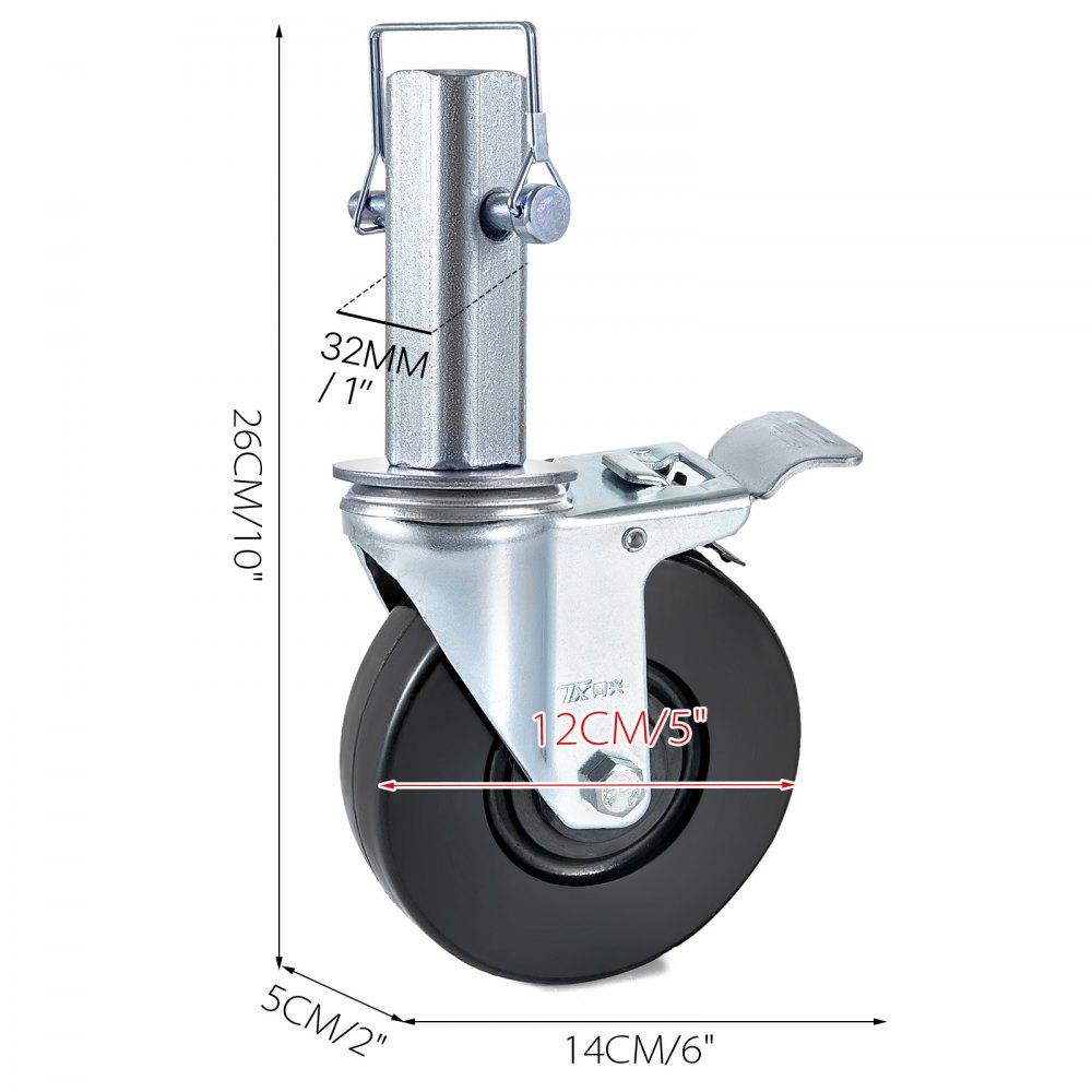 VEVOR Ruedas Giratorias de Poliuretano Núcleo de Hierro de 12,7 cm Ruedas Giratorias con Vástago Giratorio con Freno de Doble Bloqueo Pies Ajustables Capacidad de Carga de 200 kg por Rueda 4 Piezas