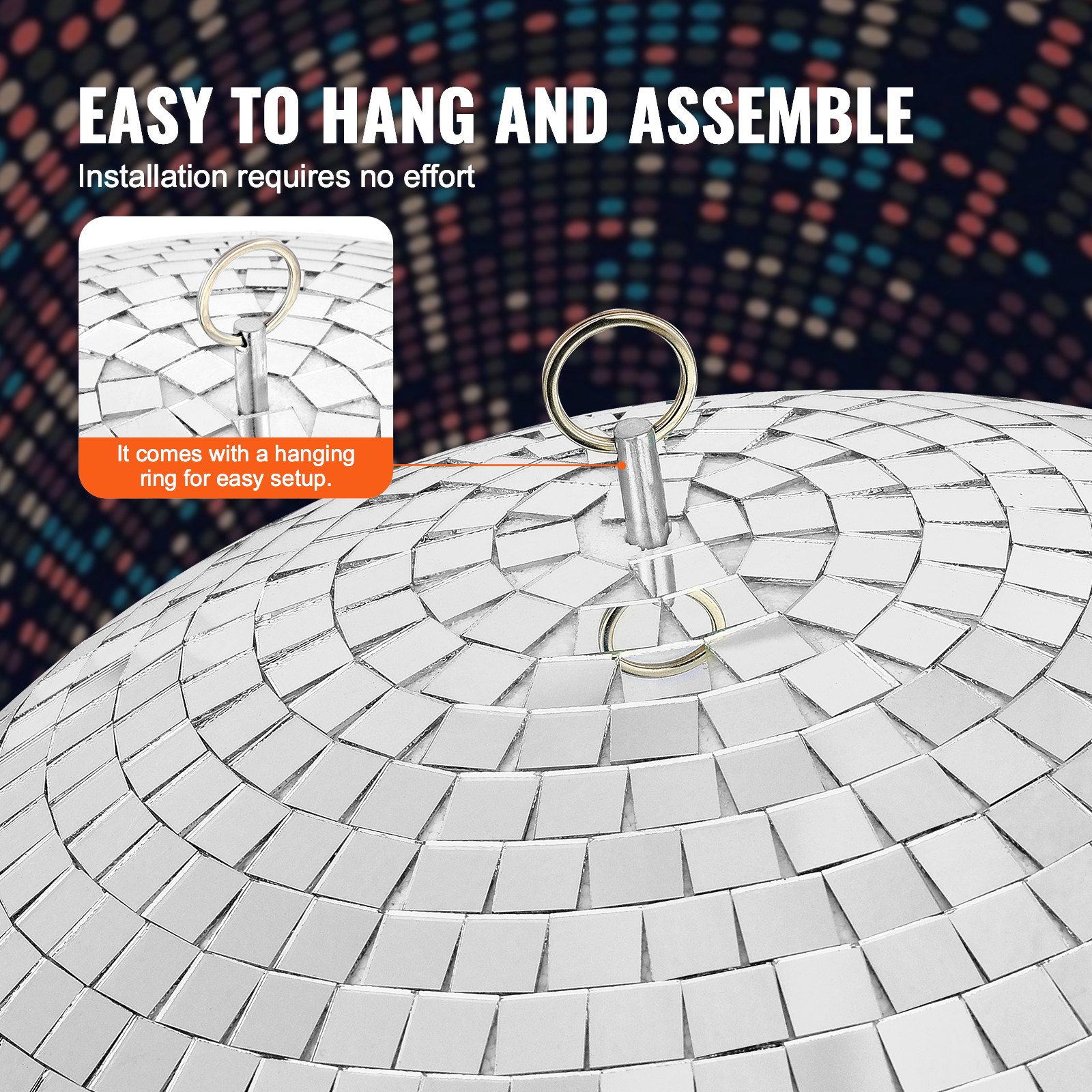 VEVOR Bola de Discoteca con Espejos, Bola de Espejos de 406 mm con Anillo Colgante, Bola de Discoteca Grande con Iluminación para DJ Club, Escenario, Boda, Cumpleaños, Navidad, Año Nuevo, Plata