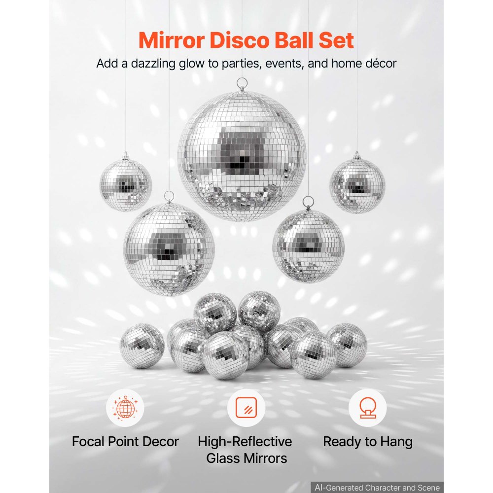 VEVOR Mirror Disco Ball 80/100/150/200/300 mm 17-Pack with Hanging Ring, for Party Home Decoration Stage Props DJ Dance Club, 2 Mirror Tile Sizes, Reflects Light, Wedding Birthday Decor, Silver