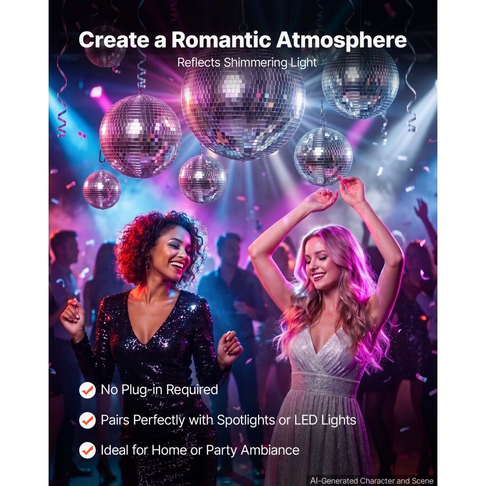 VEVOR Mirror Disco Ball 80/100/150/200/300 mm 17-Pack with Hanging Ring, for Party Home Decoration Stage Props DJ Dance Club, 2 Mirror Tile Sizes, Reflects Light, Wedding Birthday Decor, Silver