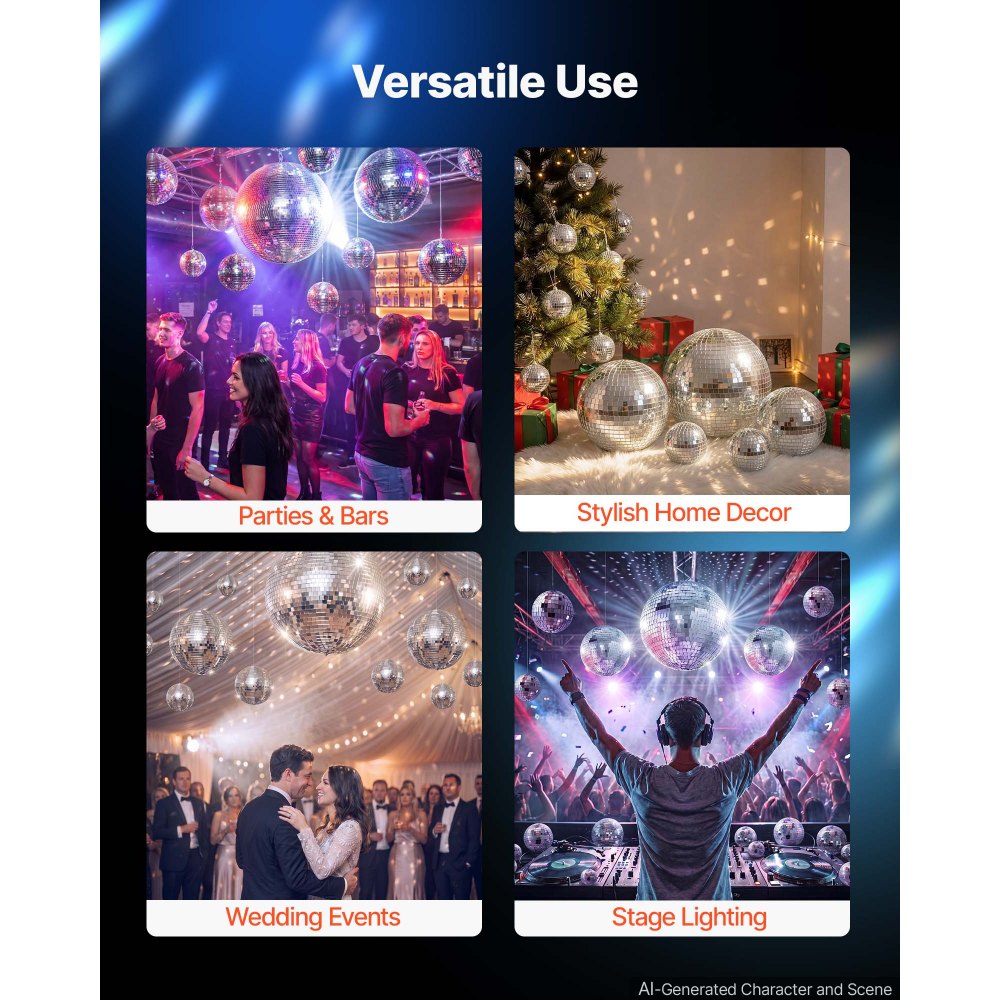 VEVOR Mirror Disco Ball 80/100/150/200/300 mm 17-Pack with Hanging Ring, for Party Home Decoration Stage Props DJ Dance Club, 2 Mirror Tile Sizes, Reflects Light, Wedding Birthday Decor, Silver