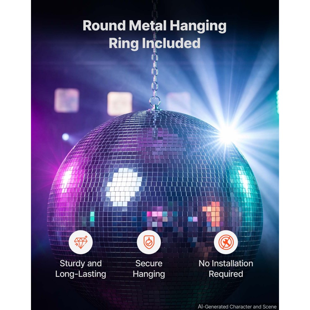 VEVOR Mirror Disco Ball 600 mm Silver Reflective Ball with Hanging Ring, for Party Home Decoration Stage Props DJ Dance Club, 2 Mirror Tile Sizes, Reflects Light, Large Wedding Music Birthday Decor