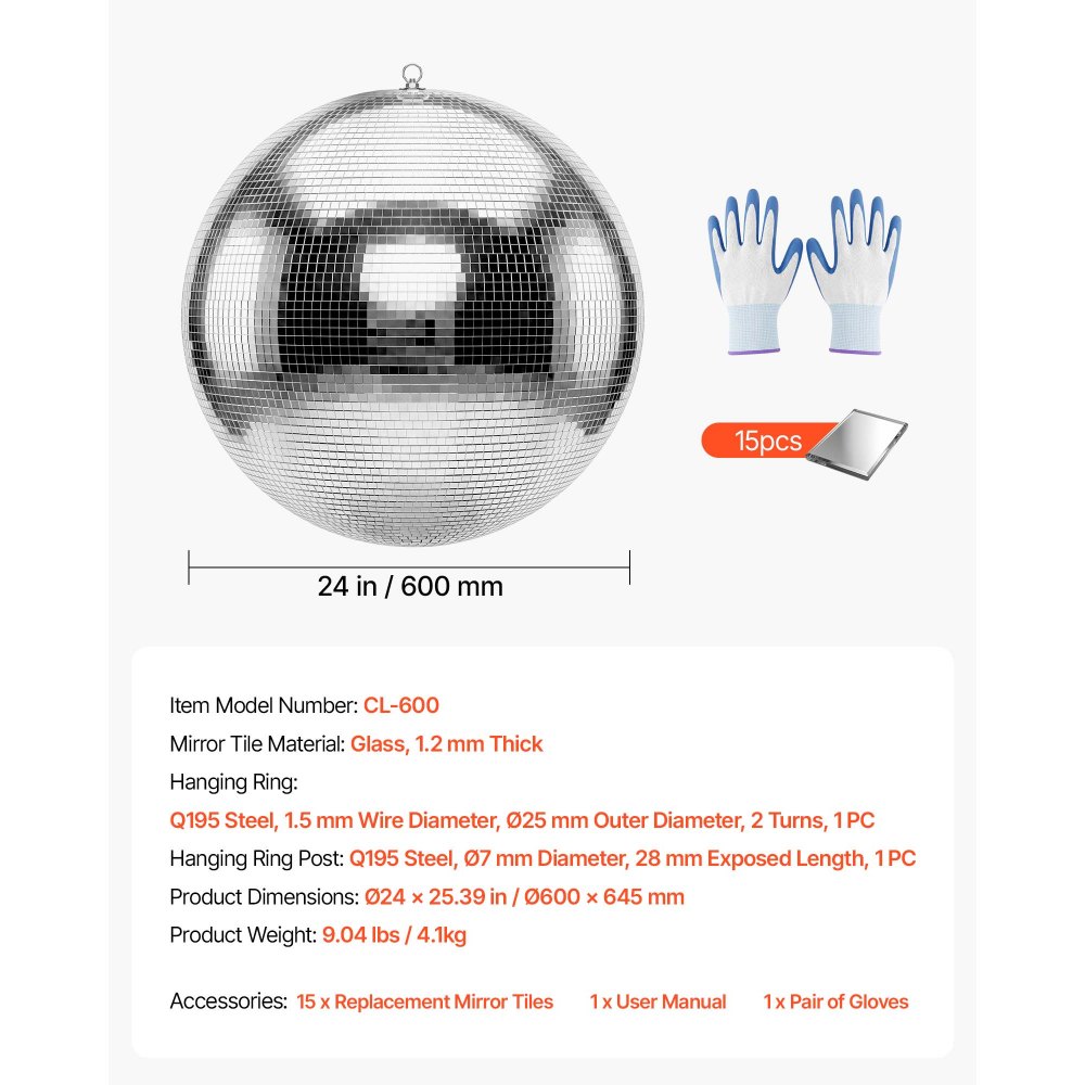 VEVOR Mirror Disco Ball 600 mm Silver Reflective Ball with Hanging Ring, for Party Home Decoration Stage Props DJ Dance Club, 2 Mirror Tile Sizes, Reflects Light, Large Wedding Music Birthday Decor