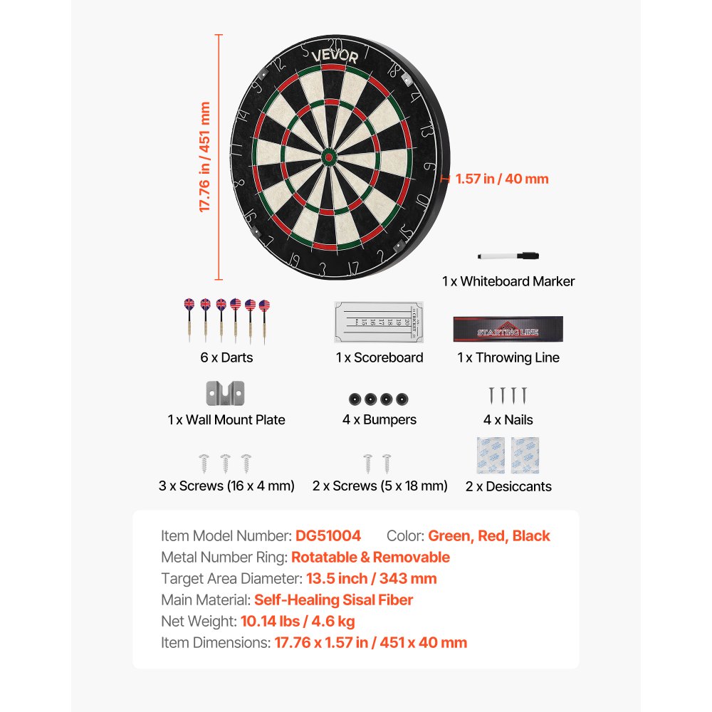 VEVOR Diana de 451 mm con 6 Dardos con Punta de Acero y Kit de Puntuación, Fibra de Sisal Autorreparable, con Diana sin Grapas y Anillo Giratorio, para Familiares, Amigos, Pareja o Padres, Negro