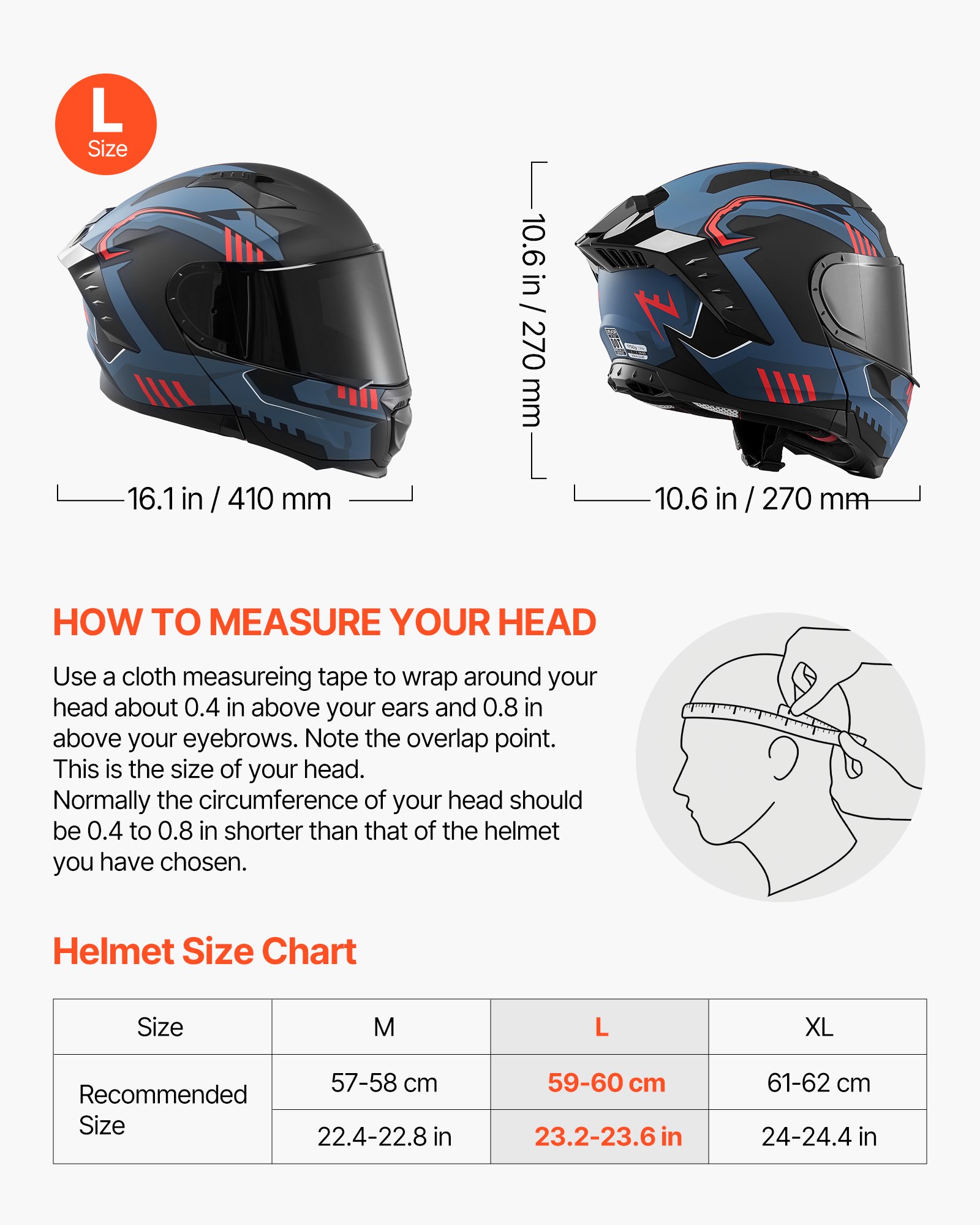 VEVOR Casco Modular de Moto Talla L, Casco de Motocicleta Modular con Visera Doble, Carcasa de ABS, Ligero y Cómodo para Adultos, para Motocross y Motociclismo Urbano, Homologado por DOT y ECE