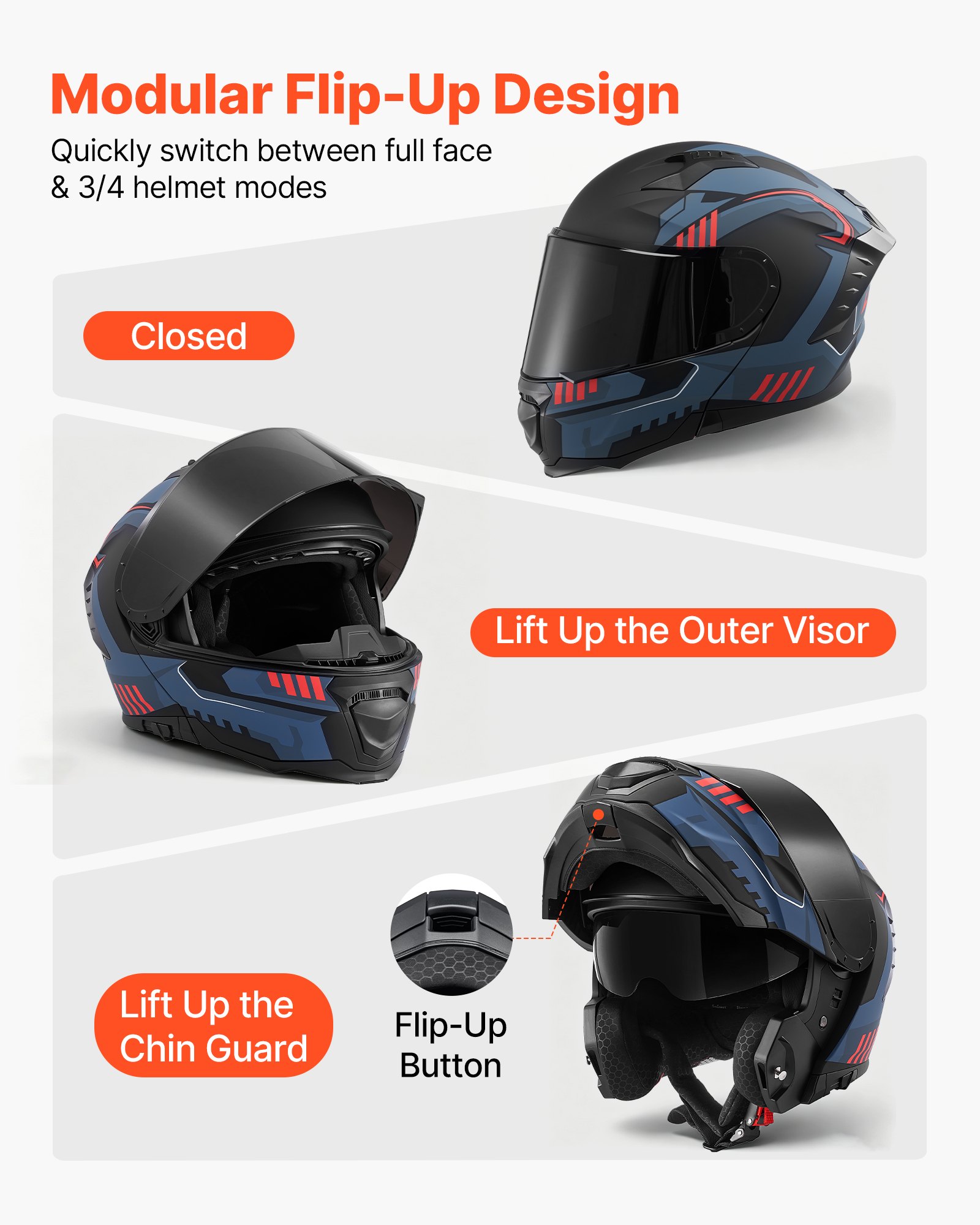 VEVOR Casco Modular de Moto Talla XL, Casco de Motocicleta Modular con Visera Doble, Carcasa de ABS, Ligero y Cómodo para Adultos, para Motocross y Motociclismo Urbano, Homologado por DOT y ECE