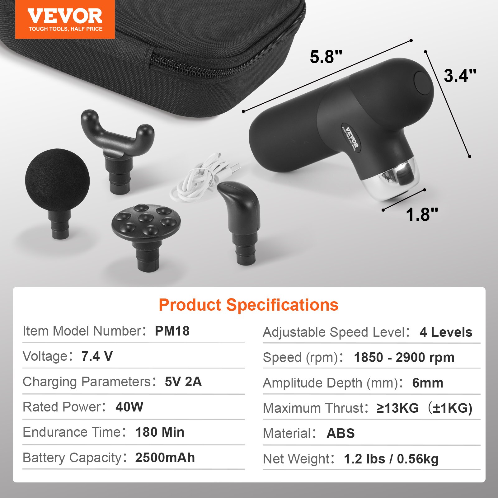 VEVOR Massage Gun, Massage Device for Athletes – with 4 speed levels and 4 massage heads, 40 W 2500 mAh batteries, mini massage gun for pain relief and muscle relaxation