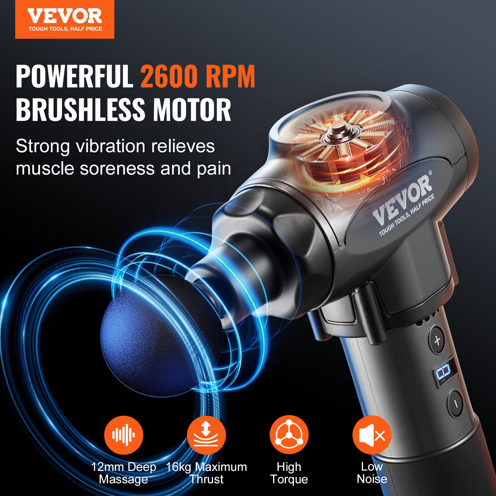 VEVOR Massage Gun, Percussion Massager for Athletes – with 9 speed levels and 6 massage heads, 28 W with 2500 mAh, handheld massage gun for pain relief and muscle relaxation