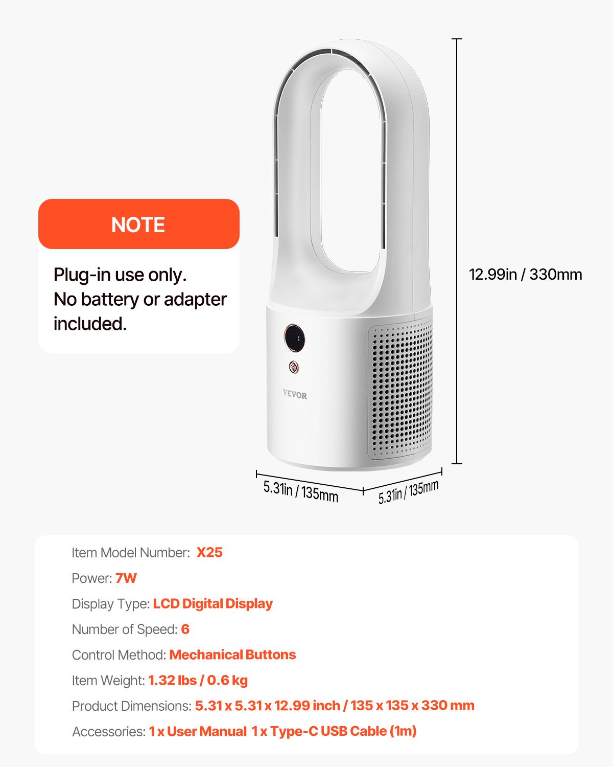 VEVOR Ventilador de Escritorio sin Aspas, Torre Pequeño de Enfriamiento Silencioso USB de 6 Velocidades con Control de Botón, Fácil de Limpiar, para Dormitorio, Oficina, Hogar, 135 x 135 x 330 mm