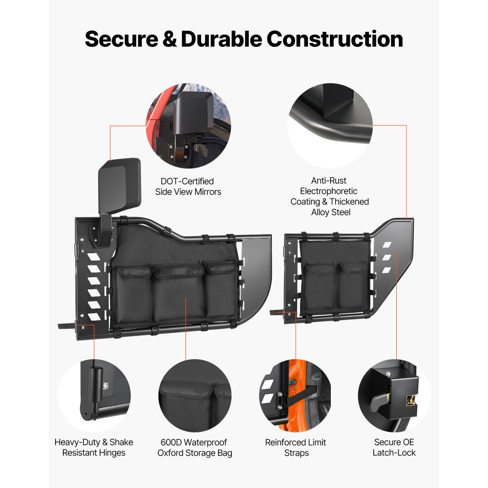 VEVOR Puerta Tubular para Jeep, 4 Puertas, Compatibles con Gladiator JT 2020-2026 y Jeep Wrangler JL 2018-2026, Puertas de Tubo Traseras y Delanteras de Acero con Pestillos, Bolsa, Espejos Laterales