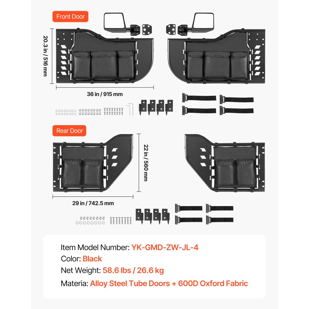 VEVOR Puerta Tubular para Jeep, 4 Puertas, Compatibles con Gladiator JT 2020-2026 y Jeep Wrangler JL 2018-2026, Puertas de Tubo Traseras y Delanteras de Acero con Pestillos, Bolsa, Espejos Laterales