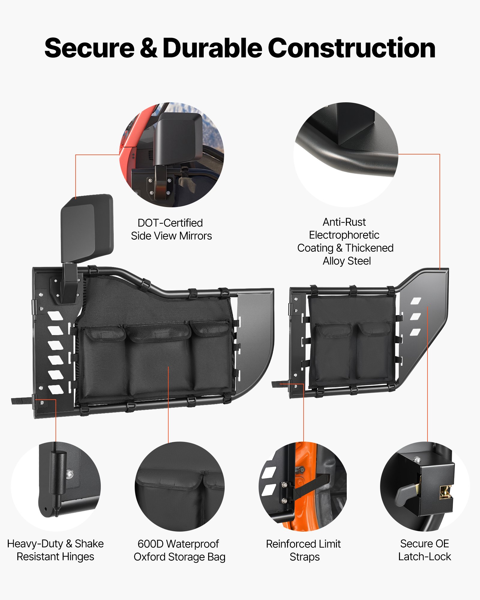 VEVOR Puerta Tubular para Jeep, 4 Puertas, Compatibles con Gladiator JT 2020-2026 y Jeep Wrangler JL 2018-2026, Puertas de Tubo Traseras y Delanteras de Acero con Pestillos, Bolsa, Espejos Laterales