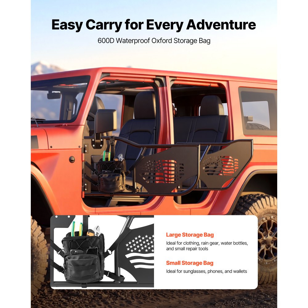 VEVOR Puerta Tubular Compatibles con Jeep Wrangler JK Unlimited 2007-2018, 4 Puertas de Tubo Delanteras y Traseras de Acero con Espejos Laterales Bolsa de Almacenamiento Almohadillas de Goma Pestillos