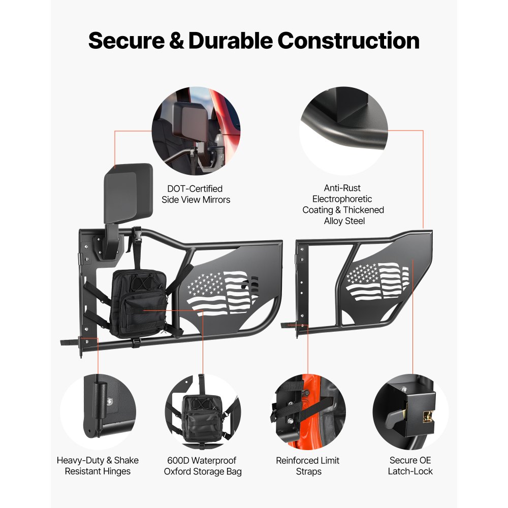VEVOR Puerta Tubular Compatibles con Jeep Wrangler JK Unlimited 2007-2018, 4 Puertas de Tubo Delanteras y Traseras de Acero con Espejos Laterales Bolsa de Almacenamiento Almohadillas de Goma Pestillos