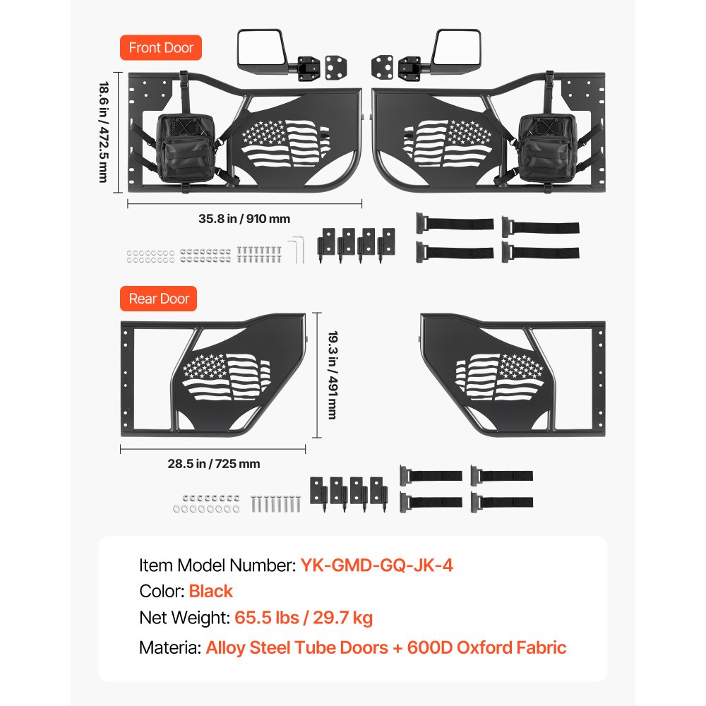 VEVOR Puerta Tubular Compatibles con Jeep Wrangler JK Unlimited 2007-2018, 4 Puertas de Tubo Delanteras y Traseras de Acero con Espejos Laterales Bolsa de Almacenamiento Almohadillas de Goma Pestillos
