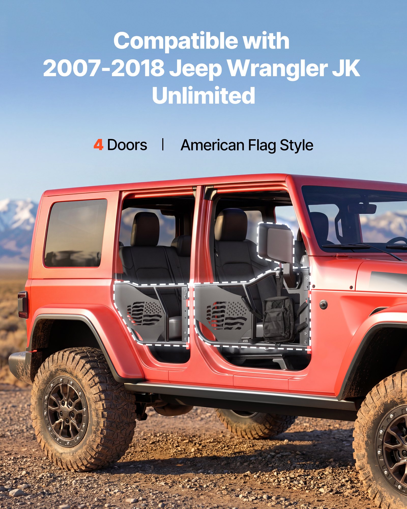 VEVOR Puerta Tubular Compatibles con Jeep Wrangler JK Unlimited 2007-2018, 4 Puertas de Tubo Delanteras y Traseras de Acero con Espejos Laterales Bolsa de Almacenamiento Almohadillas de Goma Pestillos
