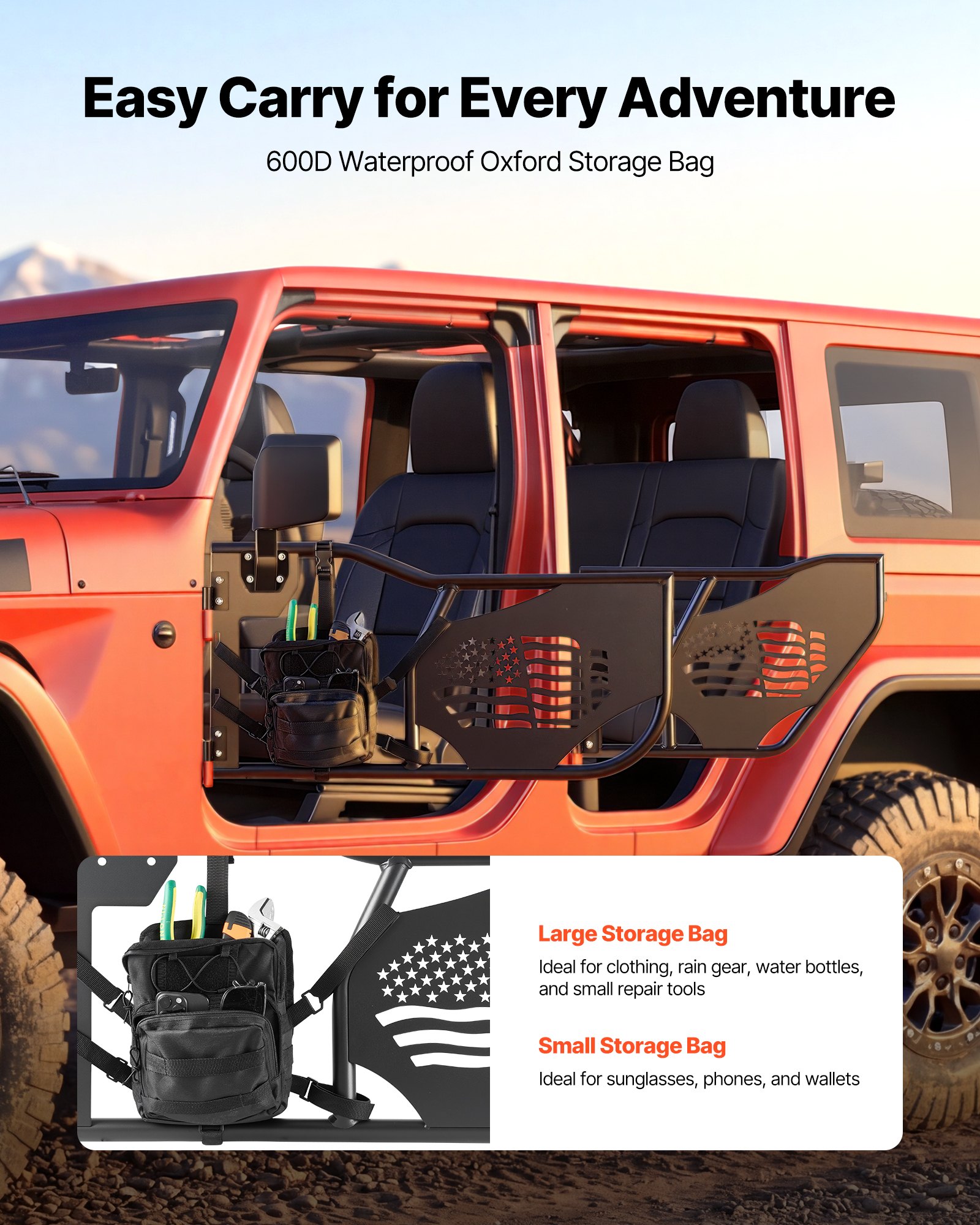 VEVOR Puerta Tubular Compatibles con Jeep Wrangler JK Unlimited 2007-2018, 4 Puertas de Tubo Delanteras y Traseras de Acero con Espejos Laterales Bolsa de Almacenamiento Almohadillas de Goma Pestillos