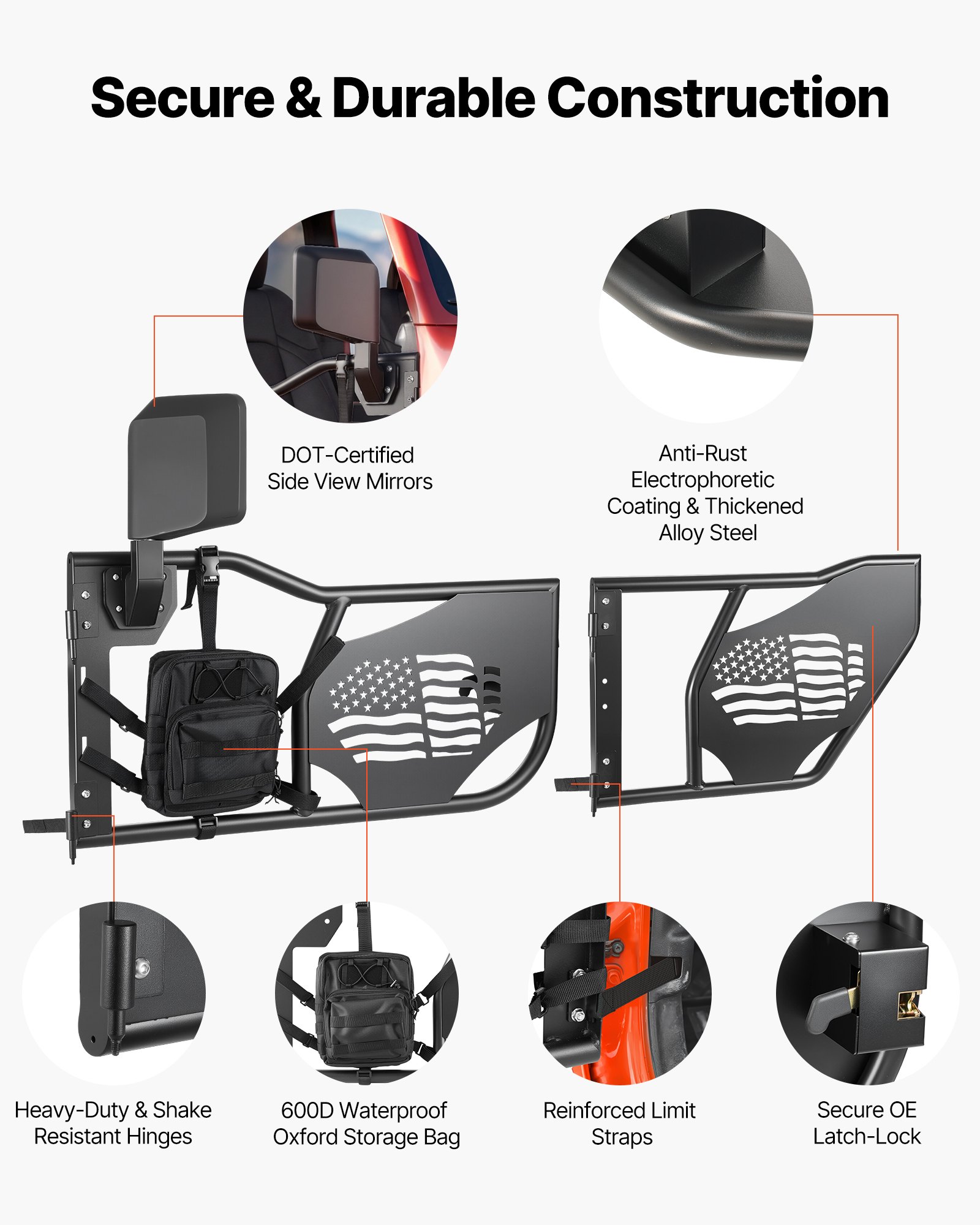 VEVOR Puerta Tubular Compatibles con Jeep Wrangler JK Unlimited 2007-2018, 4 Puertas de Tubo Delanteras y Traseras de Acero con Espejos Laterales Bolsa de Almacenamiento Almohadillas de Goma Pestillos