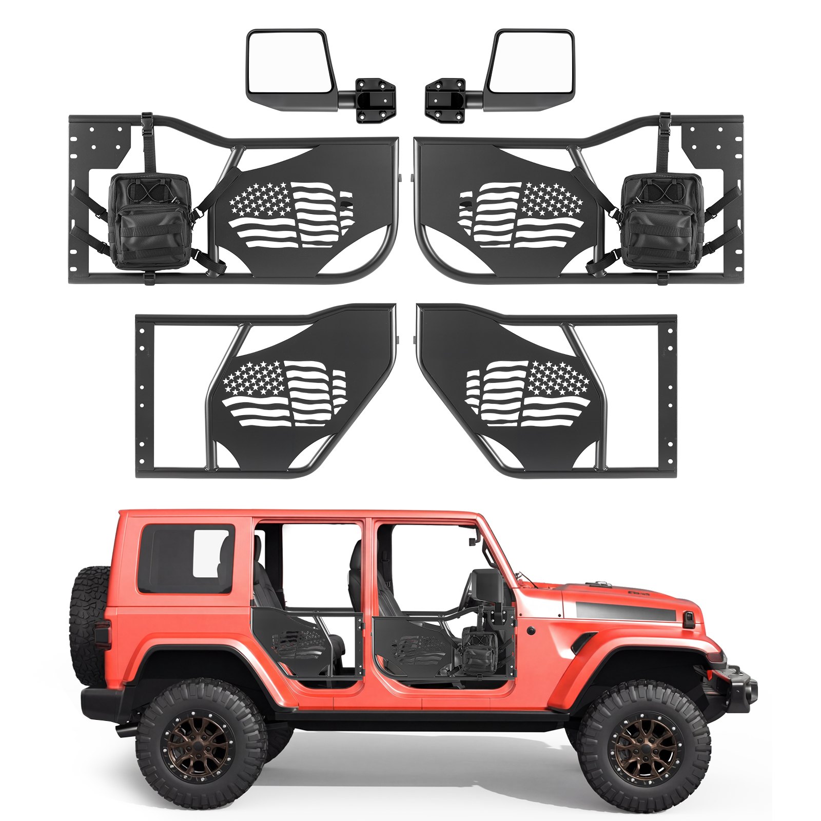 VEVOR Puerta Tubular Compatibles con Jeep Wrangler JK Unlimited 2007-2018, 4 Puertas de Tubo Delanteras y Traseras de Acero con Espejos Laterales Bolsa de Almacenamiento Almohadillas de Goma Pestillos
