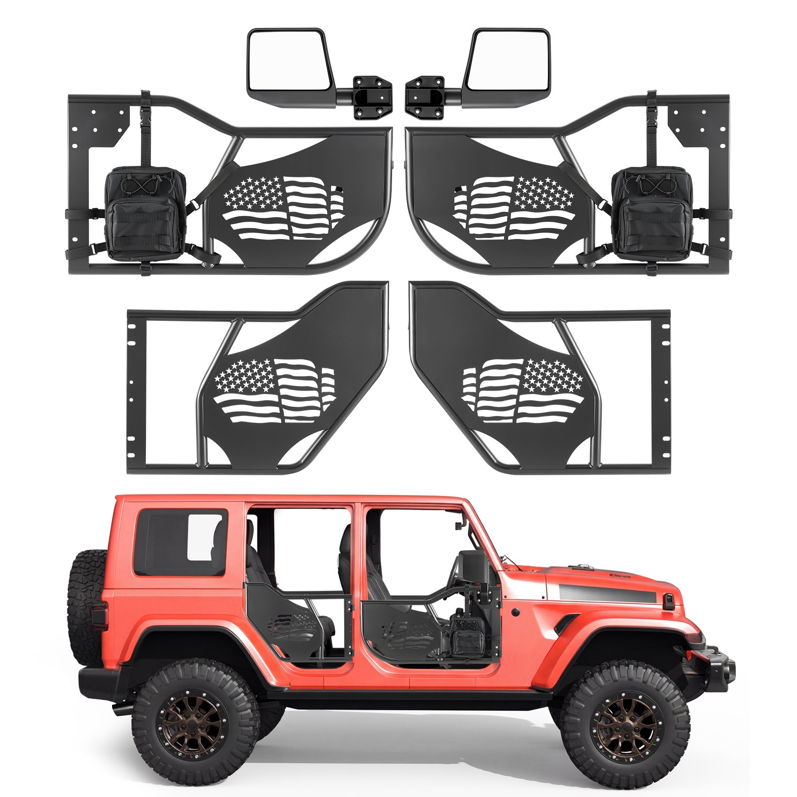 VEVOR Puerta Tubular para Jeep, 4 Puertas, Compatibles con Jeep Wrangler JL 2018-2026 y Gladiator JT 2020-2026, Puertas de Tubo Traseras y Delanteras de Acero con Espejos Laterales, Bolsa, Pestillos