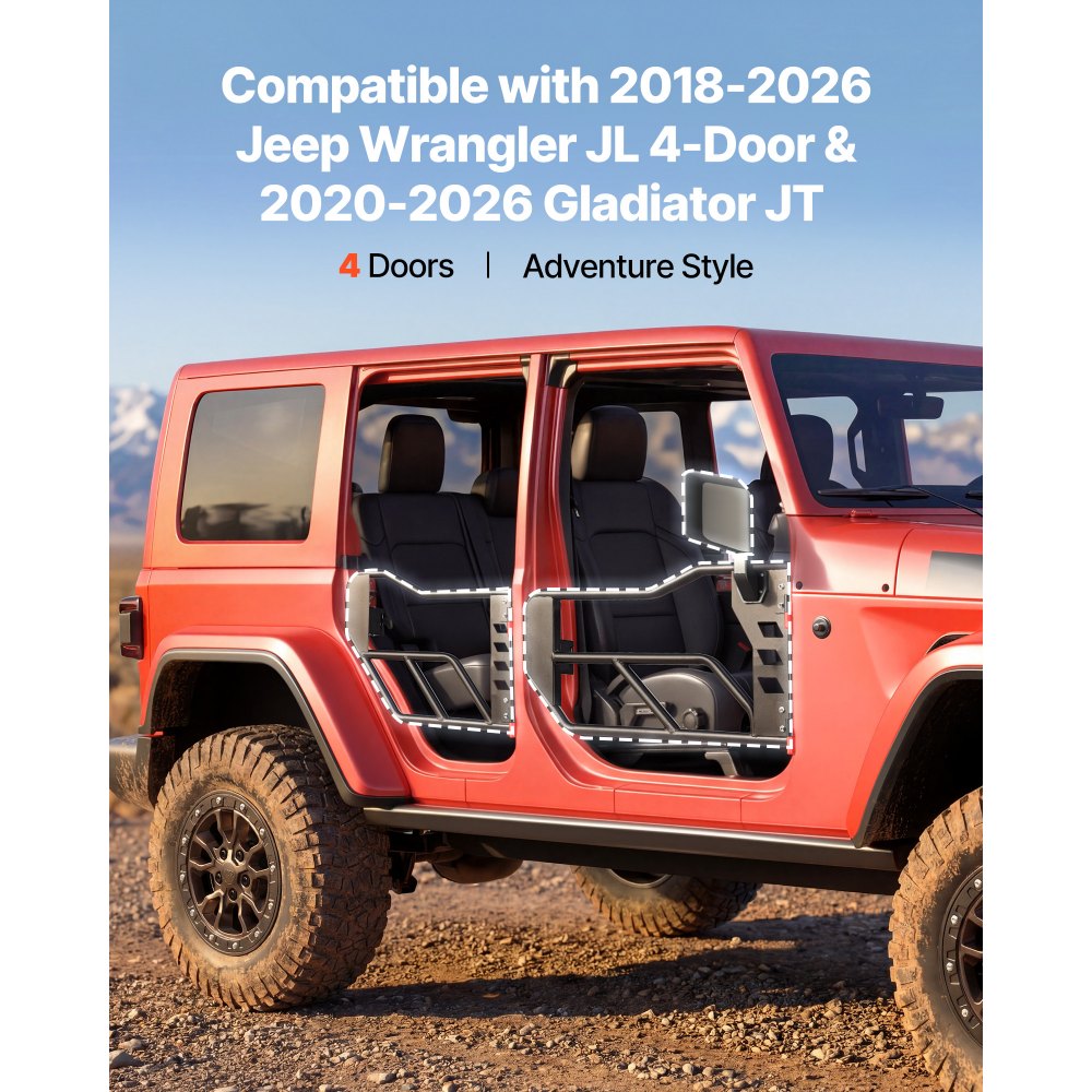 VEVOR Puertas Tubulares para Jeep, 4 Puertas Medias Tubulares Delanteras y Traseras de Acero, con Espejos Retrovisores Laterales, Compatibles con Jeep Wrangler JL 2018-2026 y Gladiator JT 2020-2026