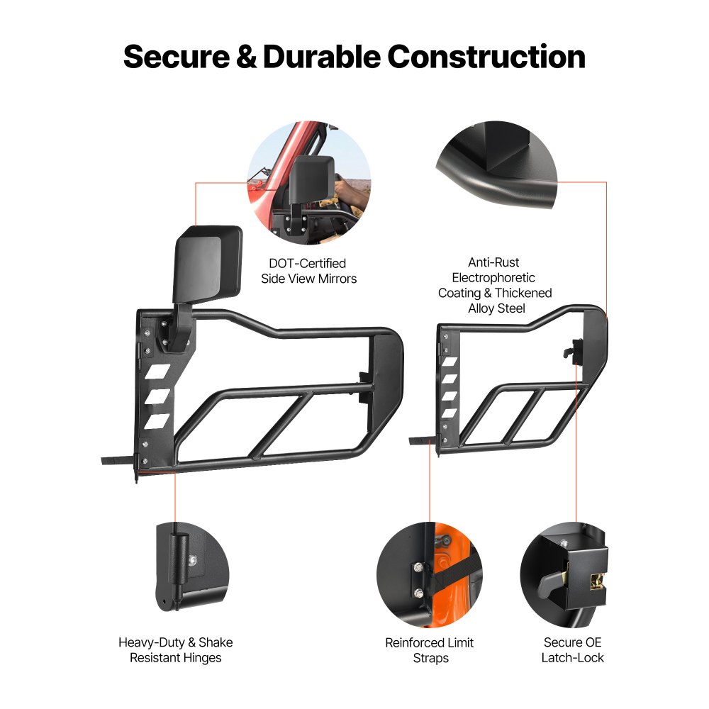 VEVOR Puertas Tubulares para Jeep, 4 Puertas Medias Tubulares Delanteras y Traseras de Acero, con Espejos Retrovisores Laterales, Compatibles con Jeep Wrangler JL 2018-2026 y Gladiator JT 2020-2026