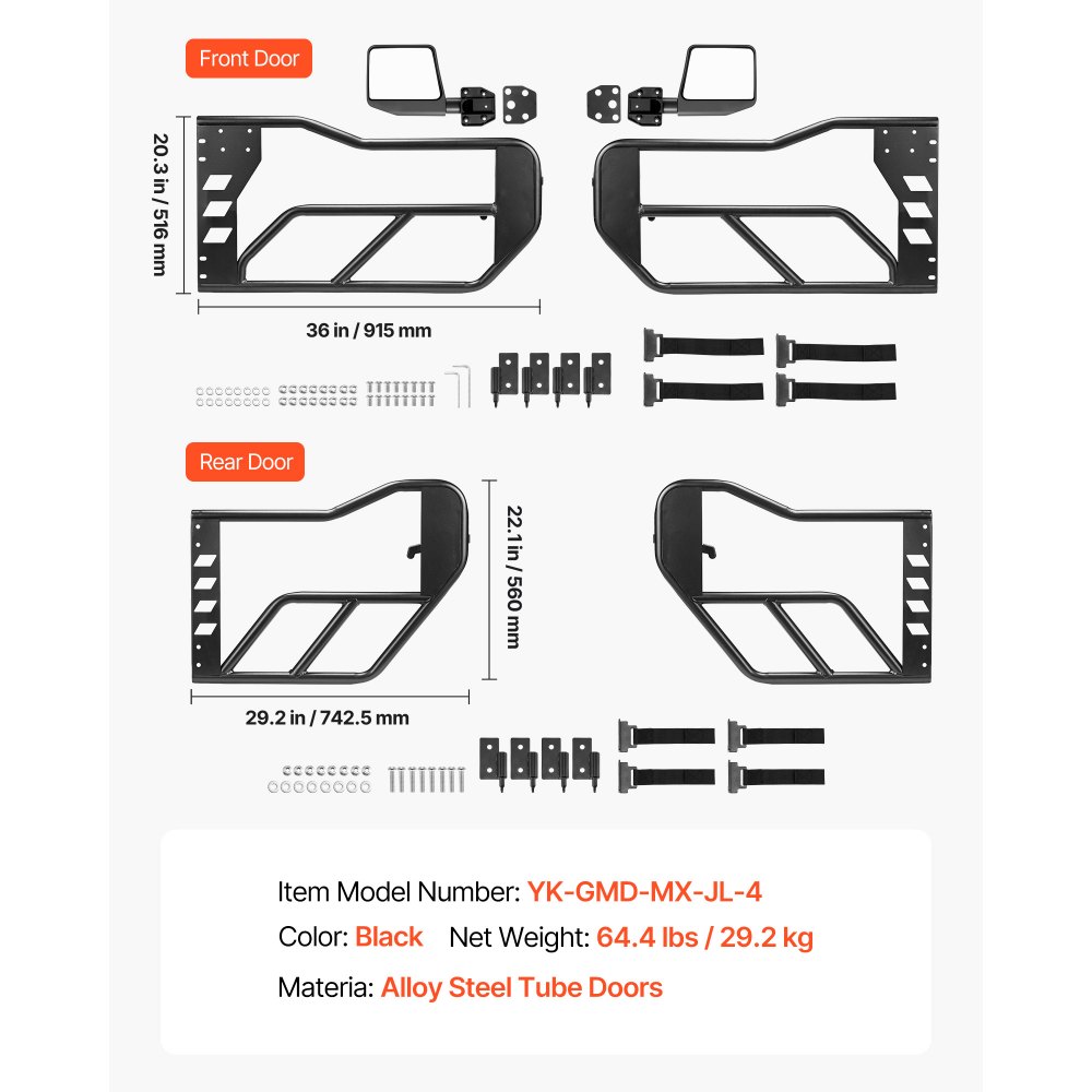 VEVOR Puertas Tubulares para Jeep, 4 Puertas Medias Tubulares Delanteras y Traseras de Acero, con Espejos Retrovisores Laterales, Compatibles con Jeep Wrangler JL 2018-2026 y Gladiator JT 2020-2026