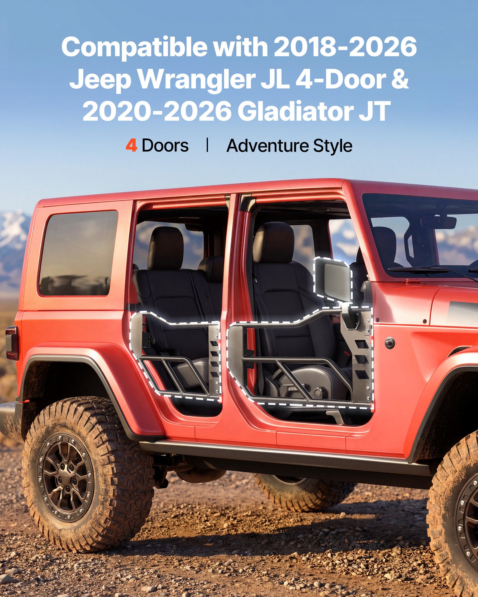VEVOR Puertas Tubulares para Jeep, 4 Puertas Medias Tubulares Delanteras y Traseras de Acero, con Espejos Retrovisores Laterales, Compatibles con Jeep Wrangler JL 2018-2026 y Gladiator JT 2020-2026