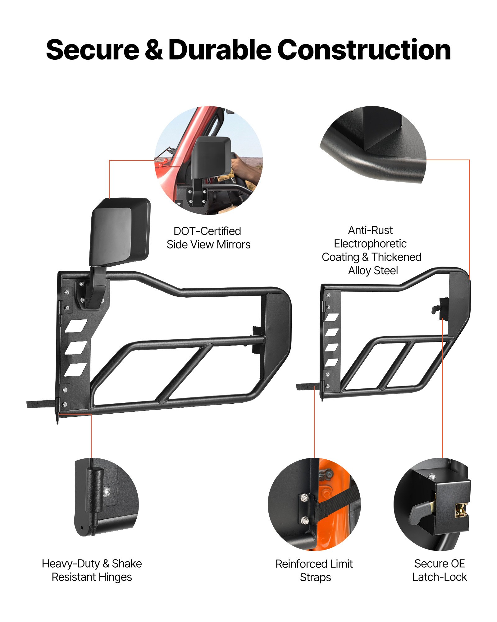 VEVOR Puertas Tubulares para Jeep, 4 Puertas Medias Tubulares Delanteras y Traseras de Acero, con Espejos Retrovisores Laterales, Compatibles con Jeep Wrangler JL 2018-2026 y Gladiator JT 2020-2026