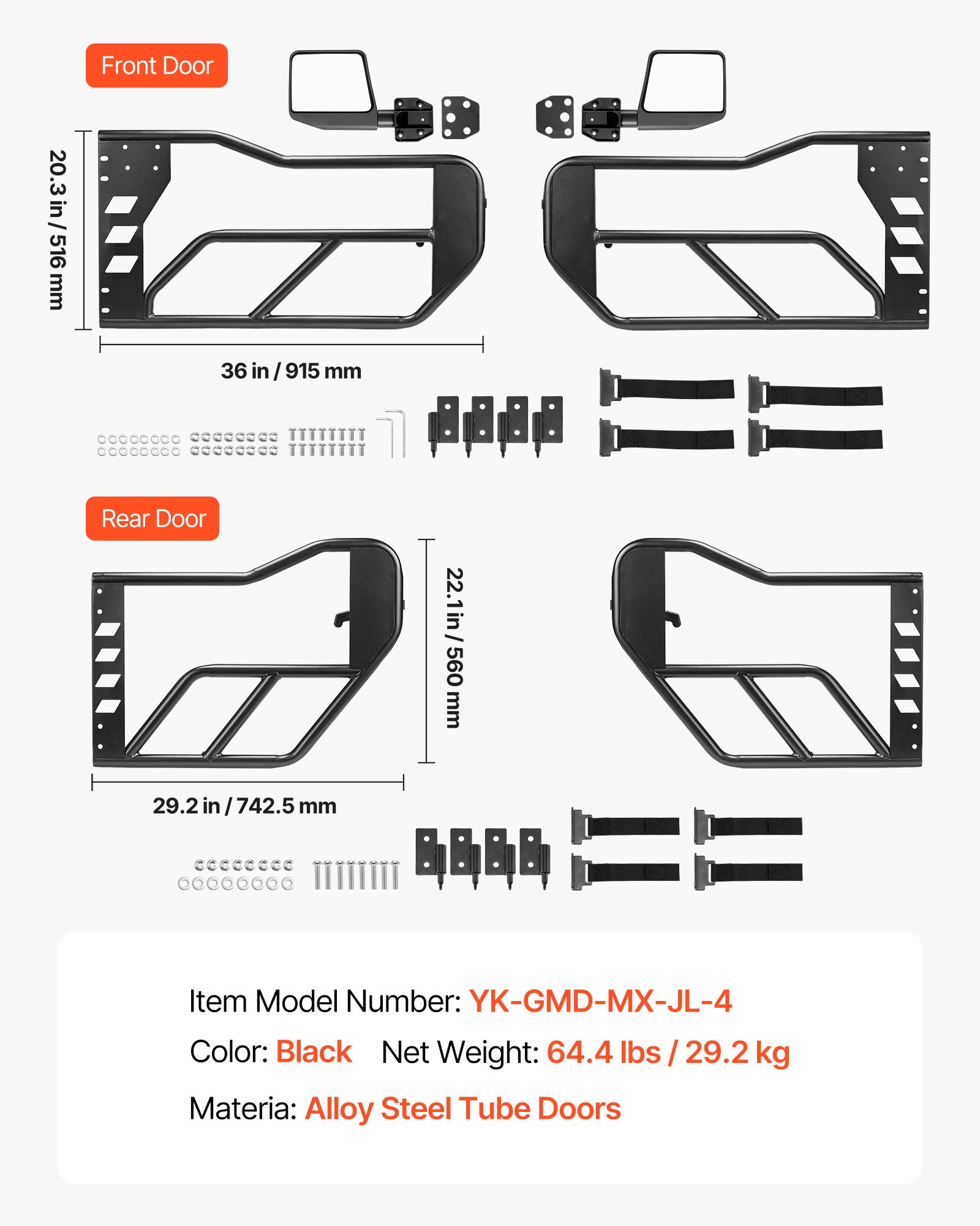 VEVOR Puertas Tubulares para Jeep, 4 Puertas Medias Tubulares Delanteras y Traseras de Acero, con Espejos Retrovisores Laterales, Compatibles con Jeep Wrangler JL 2018-2026 y Gladiator JT 2020-2026