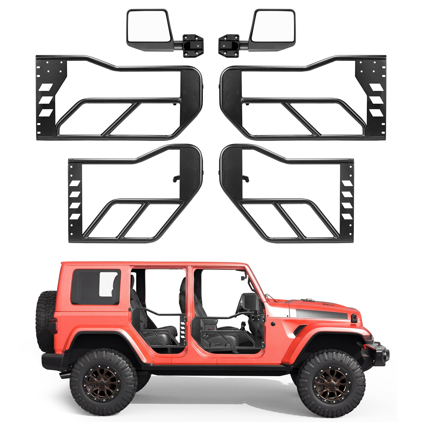 VEVOR Puertas Tubulares para Jeep, 4 Puertas Medias Tubulares Delanteras y Traseras de Acero, con Espejos Retrovisores Laterales, Compatibles con Jeep Wrangler JL 2018-2026 y Gladiator JT 2020-2026