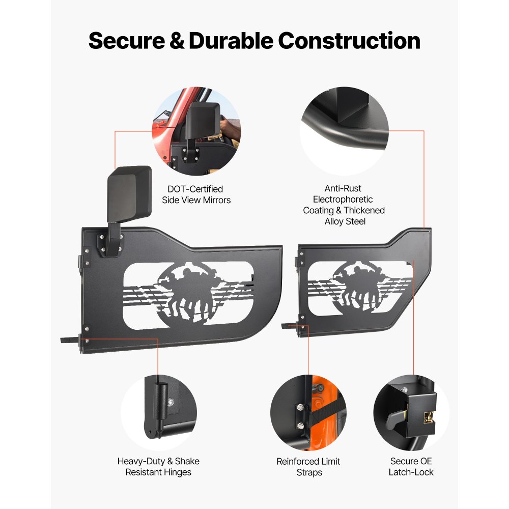 VEVOR Puertas Tubulares para Jeep, 4 Puertas, Compatibles con Jeep Wrangler JL 2018-2026 y Gladiator JT 2020-2026, con Diseño de Soldado, Delanteras y Traseras Tubulares, con Espejos Laterales