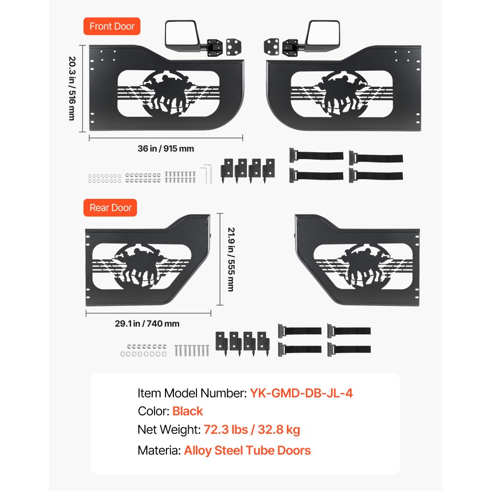 VEVOR Puertas Tubulares para Jeep, 4 Puertas, Compatibles con Jeep Wrangler JL 2018-2026 y Gladiator JT 2020-2026, con Diseño de Soldado, Delanteras y Traseras Tubulares, con Espejos Laterales