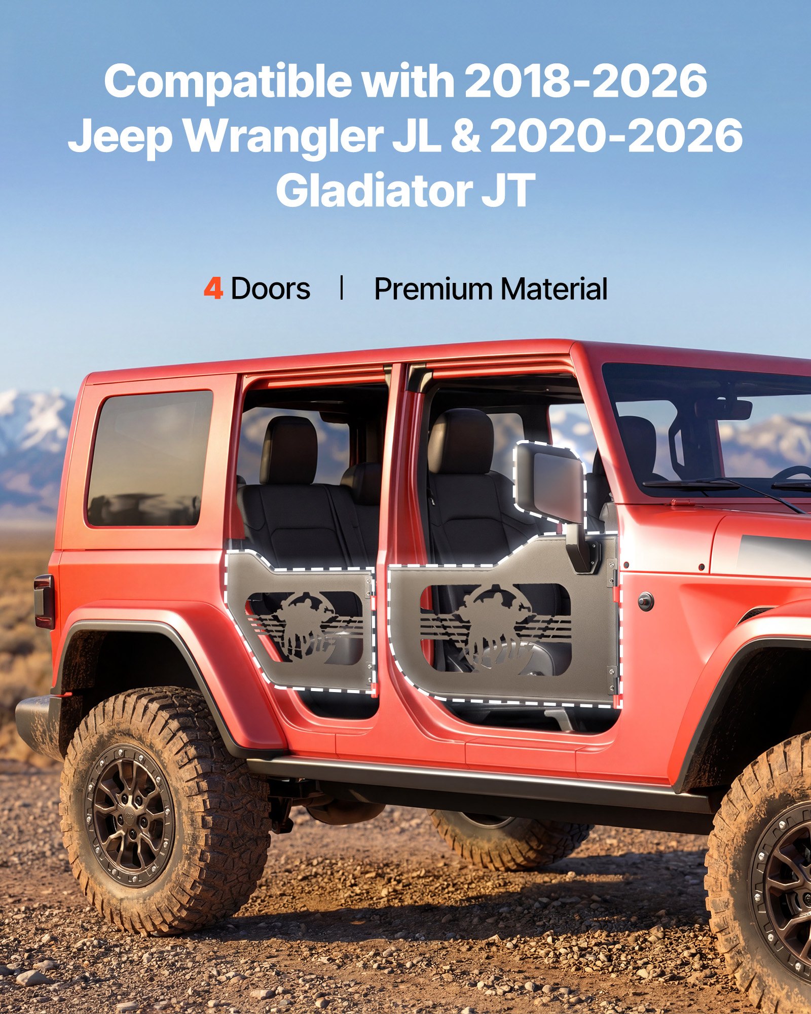 VEVOR Puertas Tubulares para Jeep, 4 Puertas, Compatibles con Jeep Wrangler JL 2018-2026 y Gladiator JT 2020-2026, con Diseño de Soldado, Delanteras y Traseras Tubulares, con Espejos Laterales
