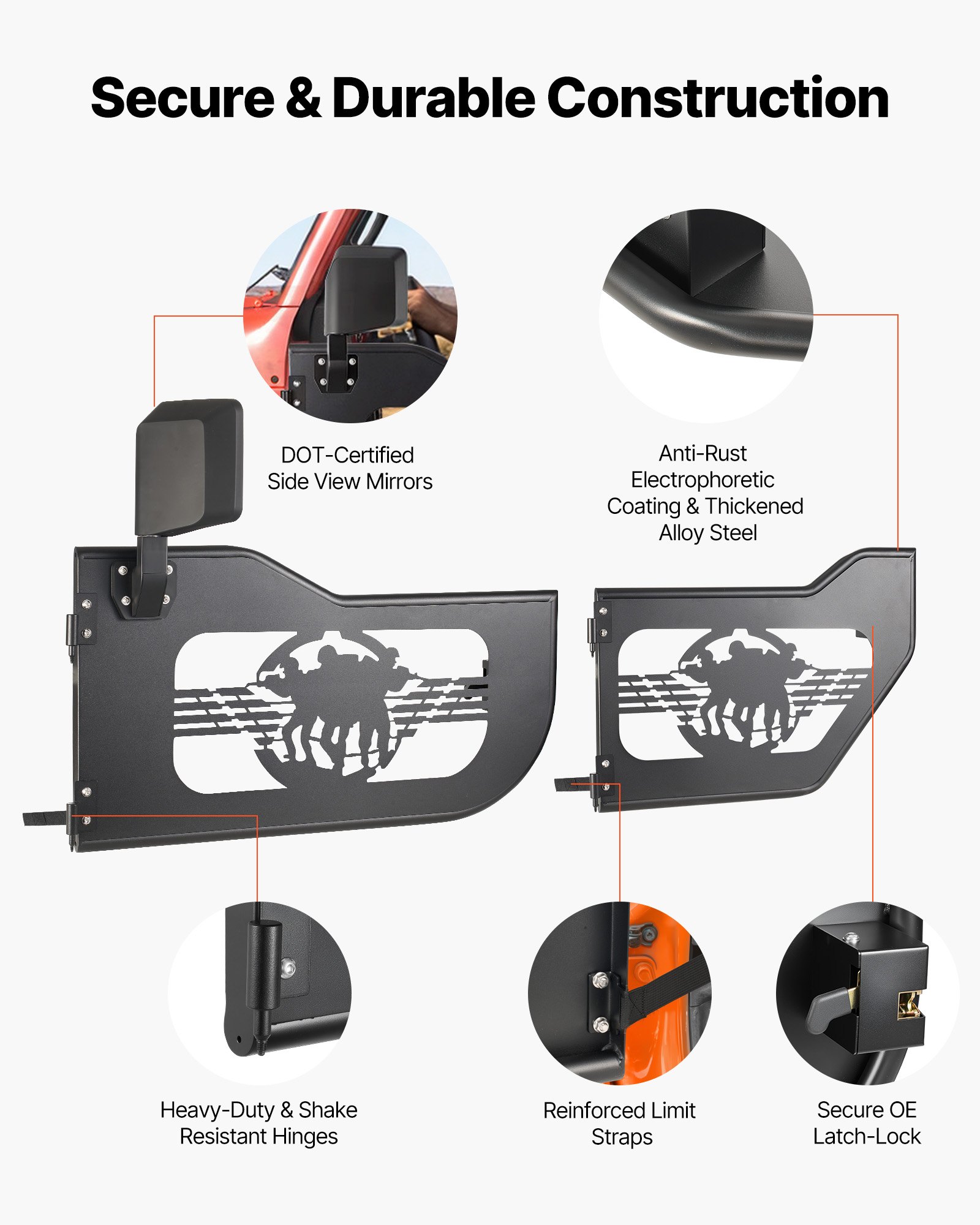 VEVOR Puertas Tubulares para Jeep, 4 Puertas, Compatibles con Jeep Wrangler JL 2018-2026 y Gladiator JT 2020-2026, con Diseño de Soldado, Delanteras y Traseras Tubulares, con Espejos Laterales
