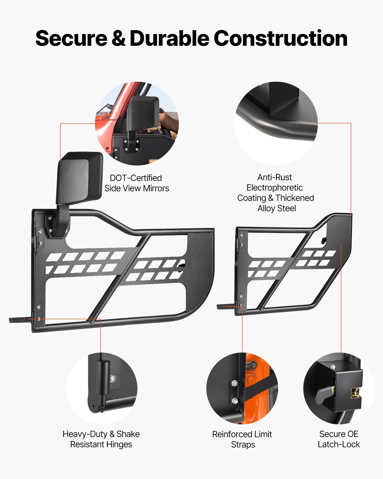 VEVOR Puertas Tubulares para Jeep, con Espejos Laterales, 4 Puertas de Medio Tubulares Delanteras y Traseras de Acero, Compatibles con Jeep Wrangler JL 2018-2026 y Gladiator JT 2020-2026, Negro
