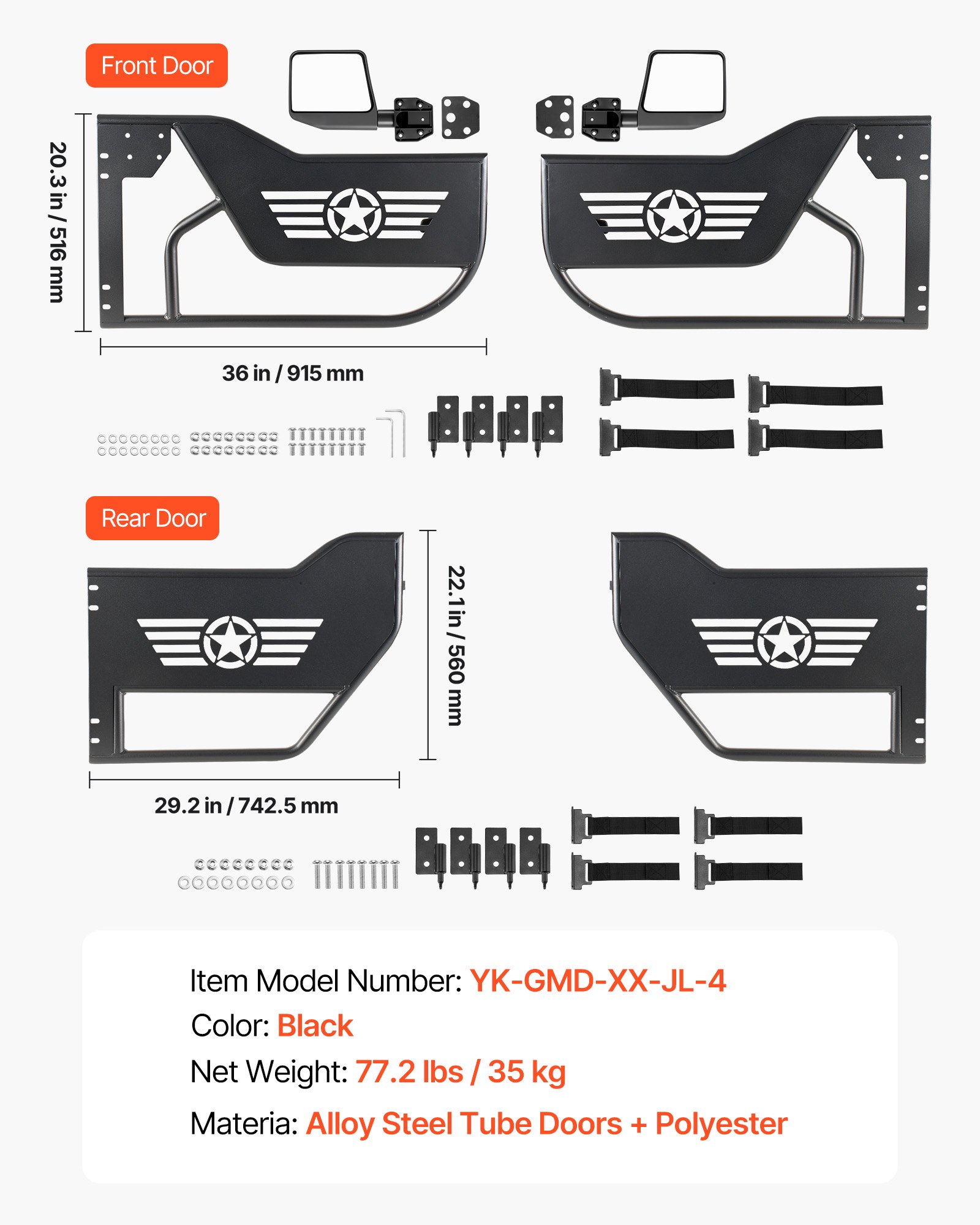 VEVOR Puerta Tubular para Jeep, 4 Puertas, Compatibles con Jeep Wrangler JL JLU Gladiator JT 4XE 2018-2026, Puertas de Tubo Delanteras y Traseras de Acero con Espejos Laterales y Almohadilla de Goma