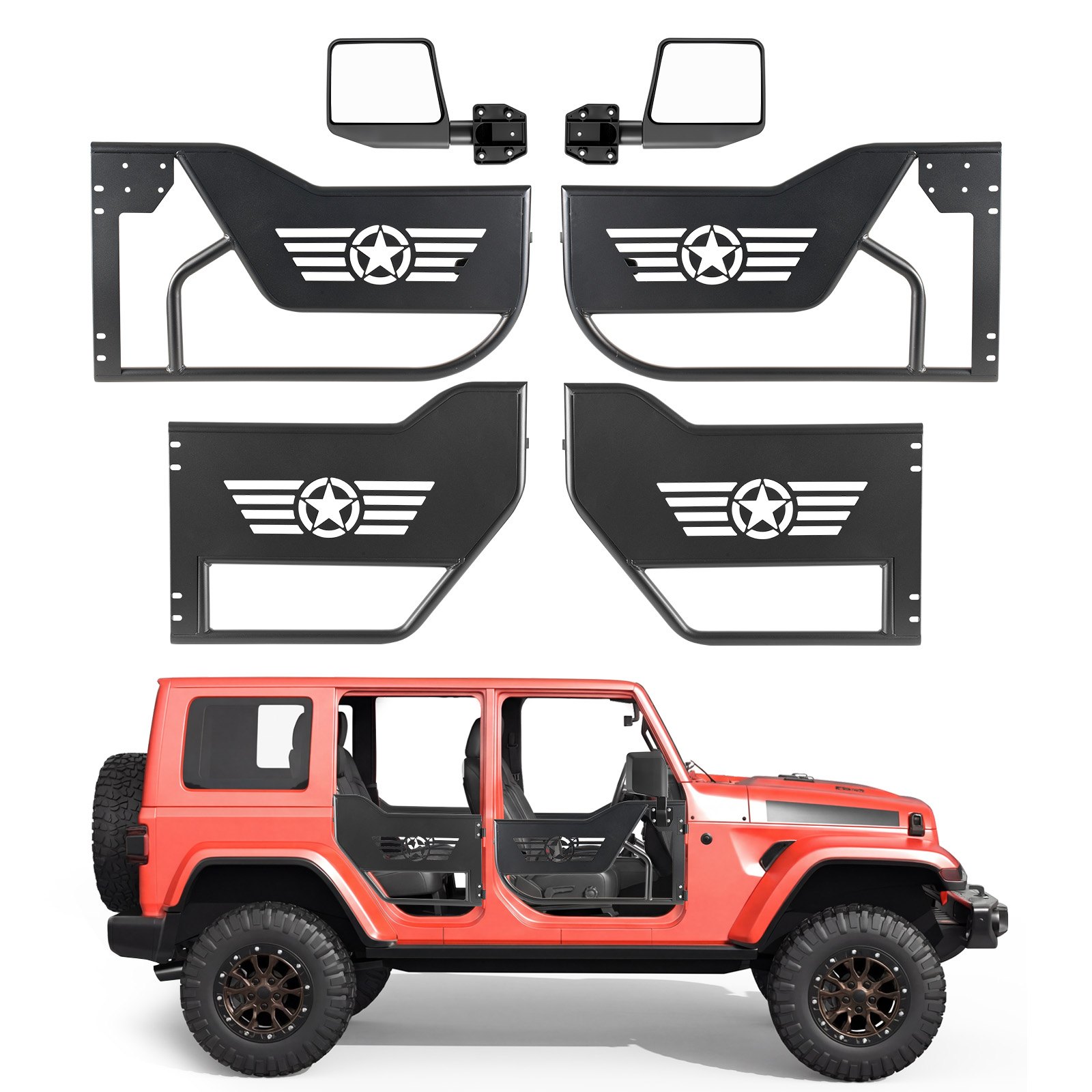 VEVOR Puerta Tubular para Jeep, 4 Puertas, Compatibles con Jeep Wrangler JL JLU Gladiator JT 4XE 2018-2026, Puertas de Tubo Delanteras y Traseras de Acero con Espejos Laterales y Almohadilla de Goma