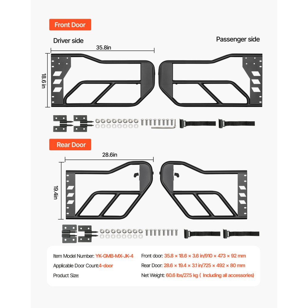 VEVOR Jeep Adventure-style tubular doors (4-door) with heavy-duty hinges and OE locking mechanism, Jeep doors with rubber padding and hardened steel tubing, for Jeep Wrangler JK 2007-2018