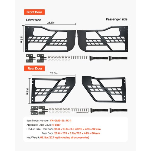 Puertas tubulares para Jeep, 4 puertas, estilo caza, con bisagras resistentes y pestillo original, con almohadillas de goma y tubo de acero reforzado, compatibles con Jeep Wrangler JK 2007-2018. | US