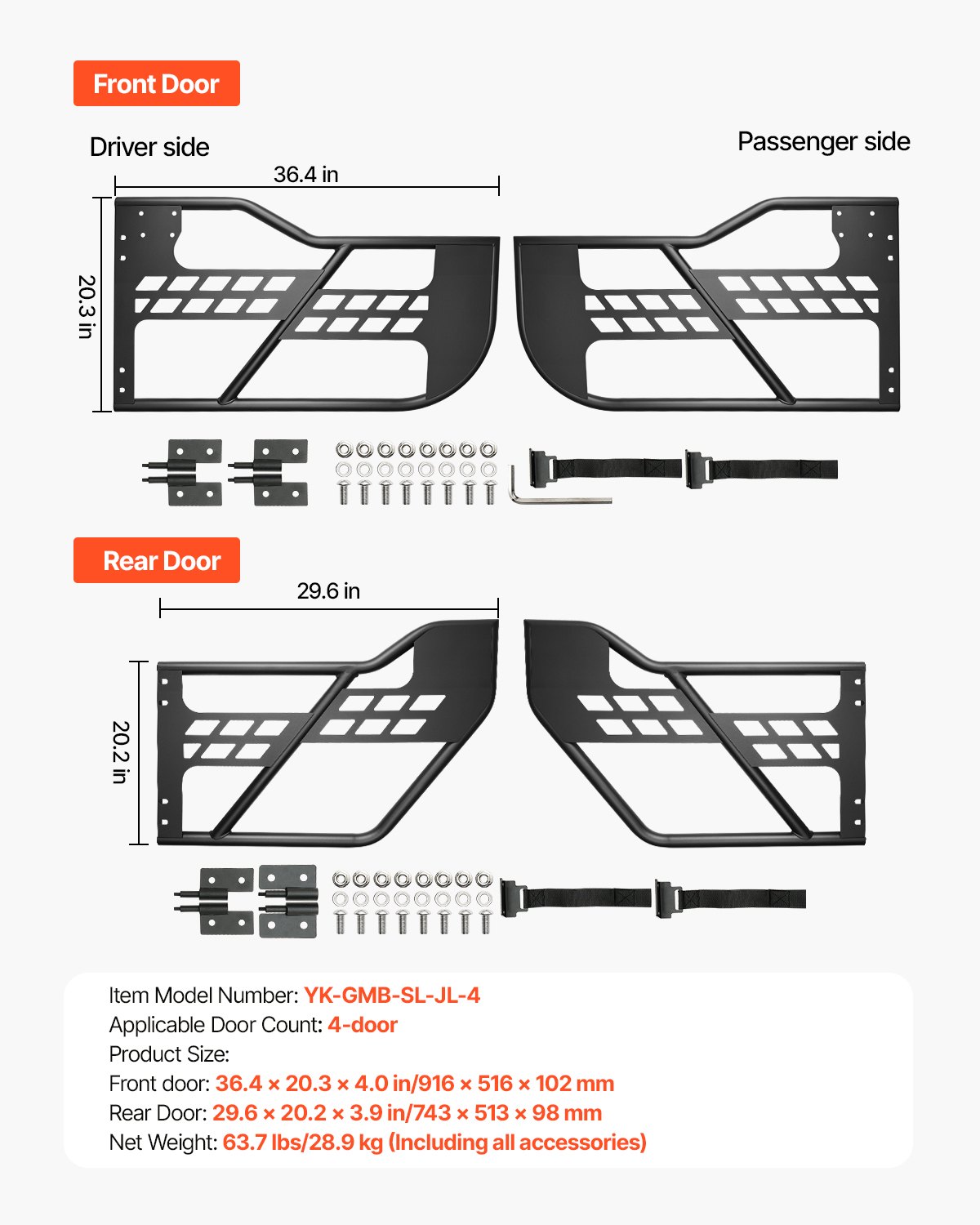 VEVOR Jeep hunting-style tubular doors (4-door) with heavy-duty hinges and OE locking mechanism, Jeep doors with rubber padding, fits 2018-2024 Jeep Wrangler JL and 2020-2024 Jeep Gladiator JT