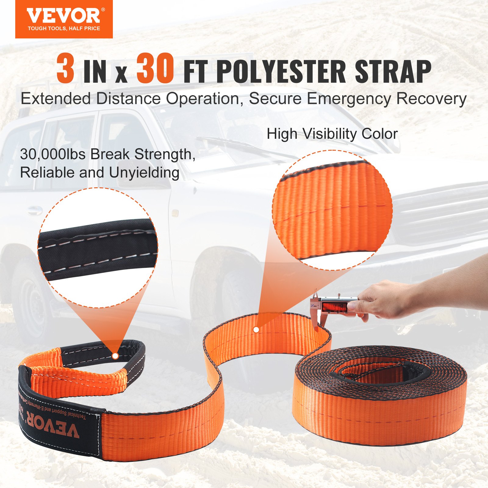 VEVOR Tow Rope, 7.6 x 914.4 cm, Winch Recovery Kit with 13,608 kg Tow Straps, 20,000 kg D-Ring Shackles, Shackle Receiver, Pulley Block, Gloves, Storage Bag for ATV, Jeep, Truck