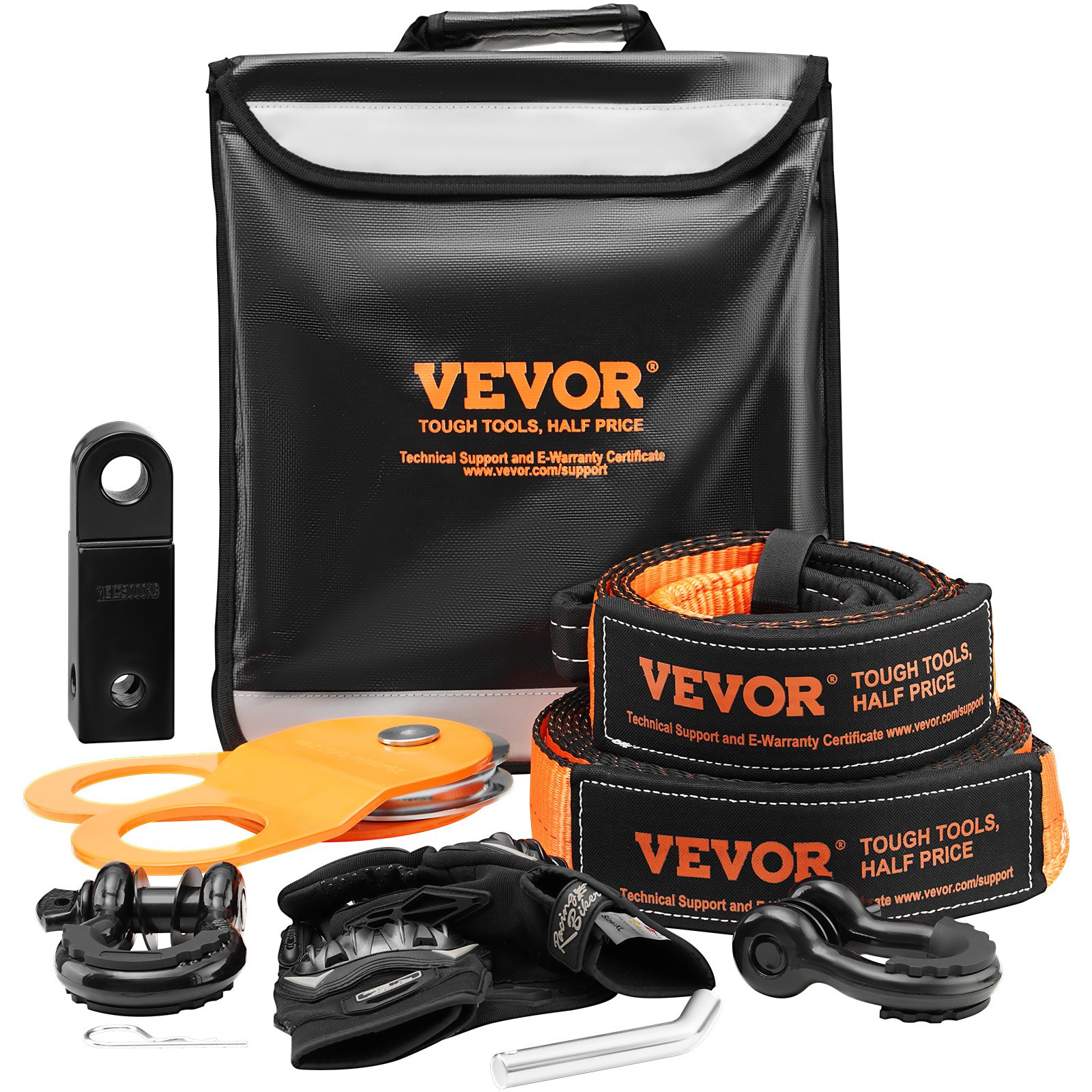 VEVOR Tow Rope, 7.6 x 914.4 cm, Winch Recovery Kit with 13,608 kg Tow Straps, 20,000 kg D-Ring Shackles, Shackle Receiver, Pulley Block, Gloves, Storage Bag for ATV, Jeep, Truck